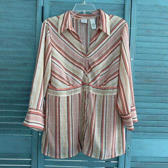 Emma James Button Up Collared Shirt ~ Sz 12 ~ Pink & Beige ~ 3/4 Sleeve - Picture 1 of 3